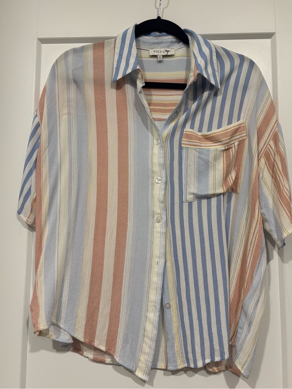 Vici Striped Button-Down Shirt in Blue, Peach & Cream